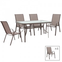 Dining set 7pcs Ensure-Calan pakoworld metal-glass brown 140x80x70cm Dining set 7pcs Ensure-Calan pakoworld metal-glass brown 140x80x70cm