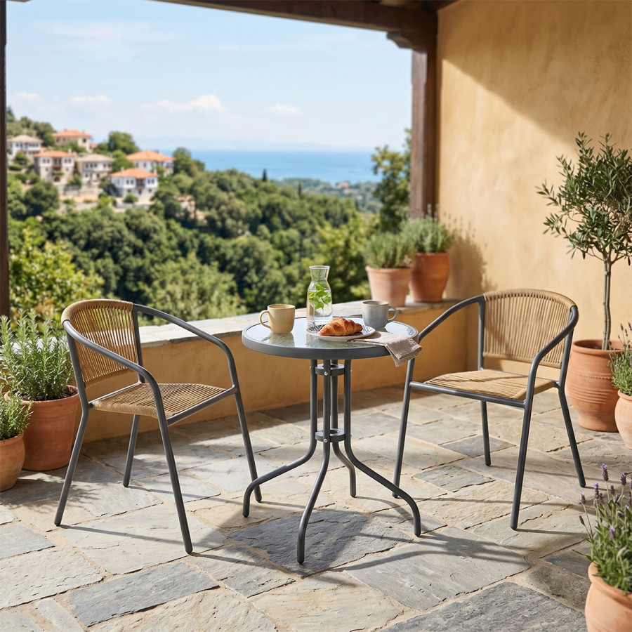 Dining table Watson-Lindaria pakoworld set of 3 pieces anthracite metal-glass Φ60x70cm