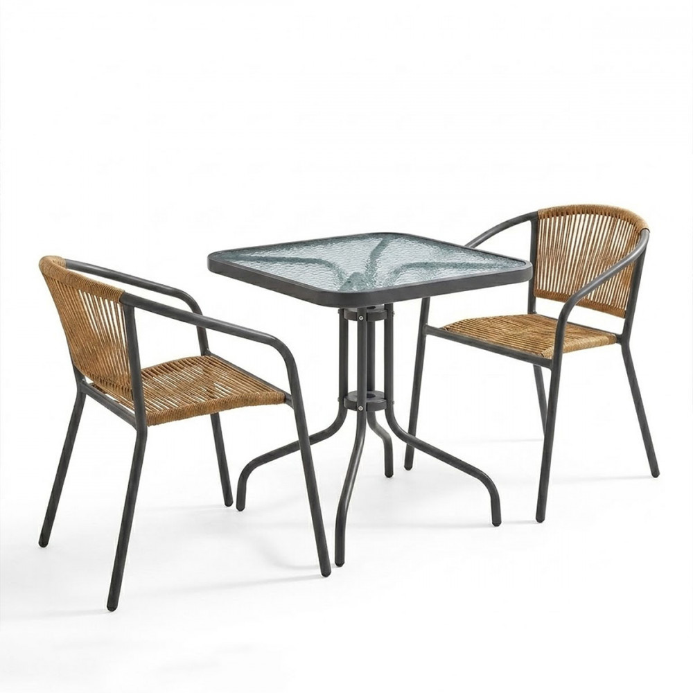 Watson-Lindaria pakoworld dining table anthracite metal-glass and pe rattan in natural shade 70x70x70cm