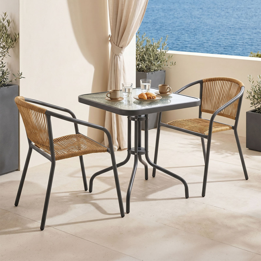 Watson-Lindaria pakoworld dining table anthracite metal-glass and pe rattan in natural shade 70x70x70cm