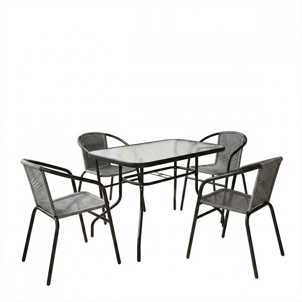 Dining table Valor-Obbi pakoworld set of 5 pieces metal black-glass-pe gray 110x60x70cm