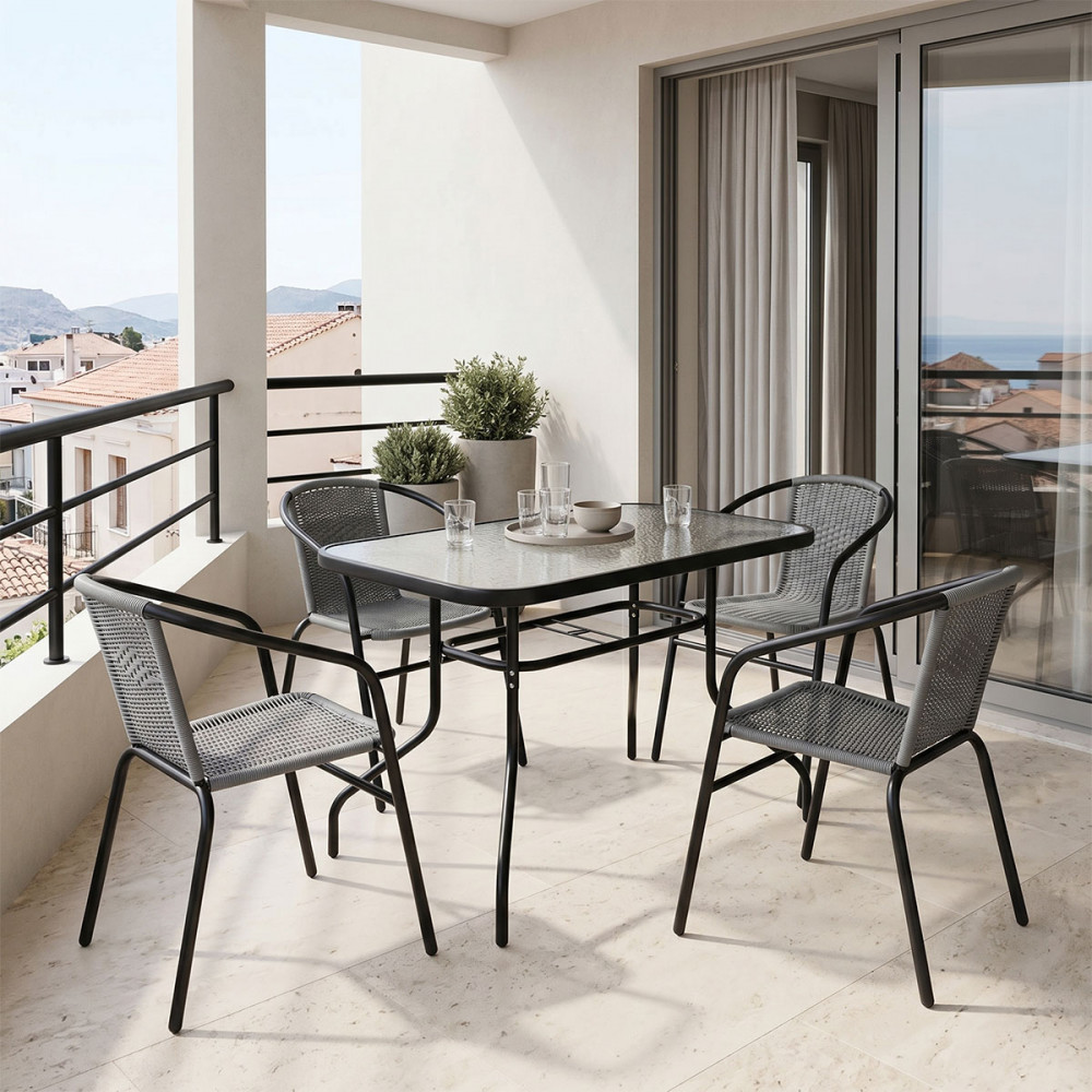 Dining table Valor-Obbi pakoworld set of 5 pieces metal black-glass-pe gray 110x60x70cm
