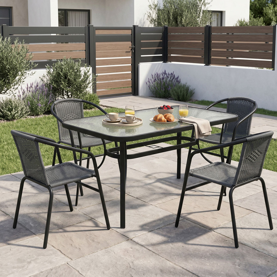 Dining table Obbi-Ensure pakoworld 5pcs metal-glass in black color 140x80x70cm