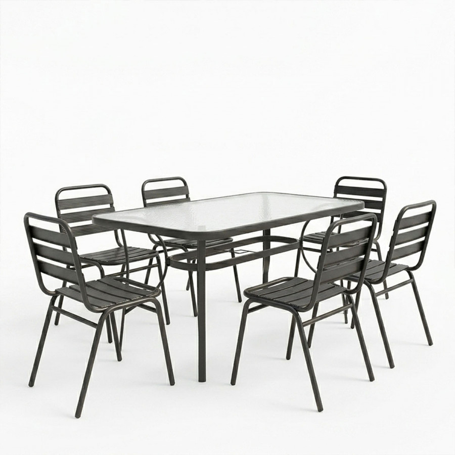 Dining table Sussie-Ensure pakoworld 7pcs metal-glass in black color 140x80x70cm