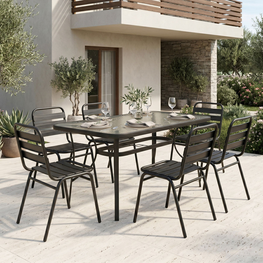 Dining table Sussie-Ensure pakoworld 7pcs metal-glass in black color 140x80x70cm