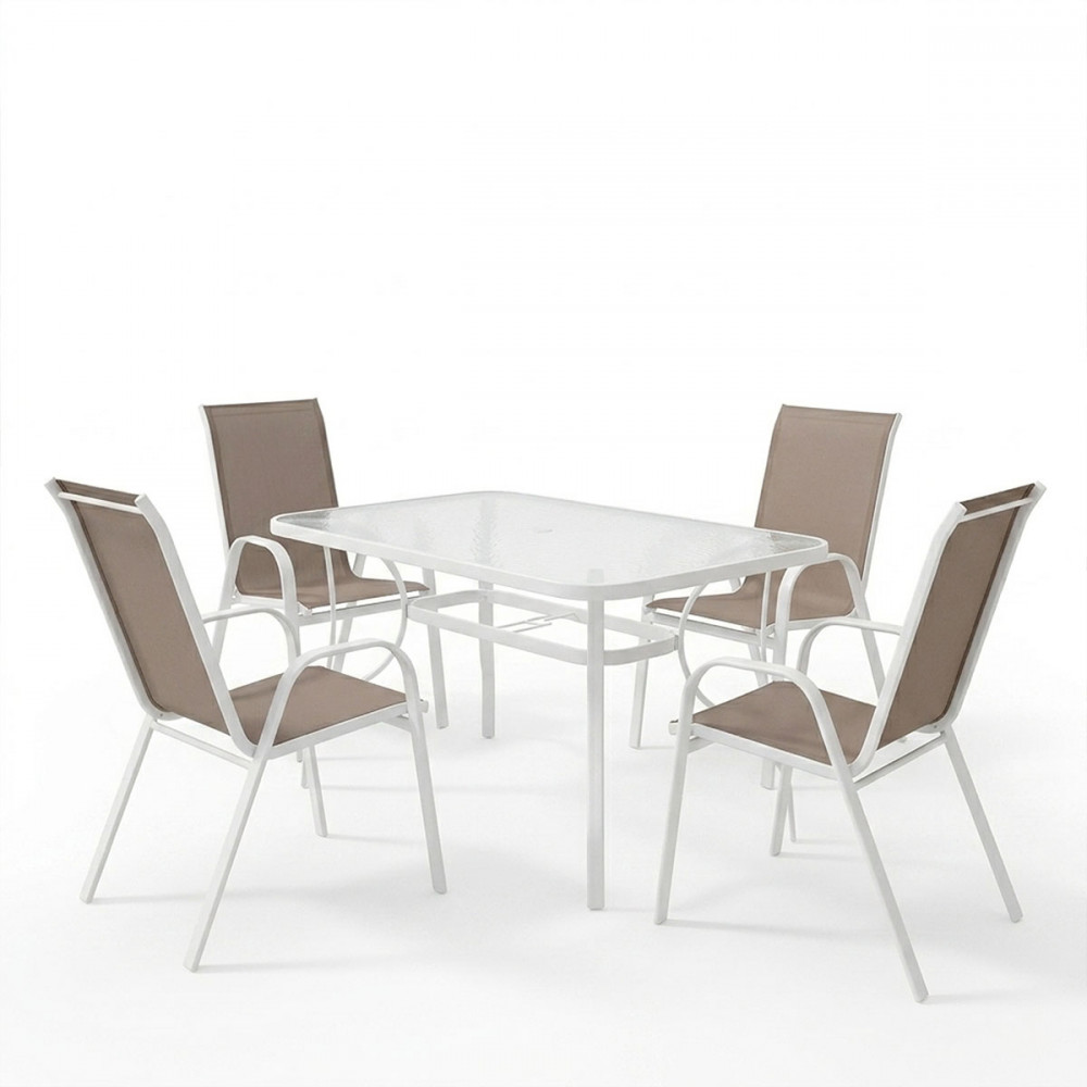 Dining table Calan-Ensure pakoworld 5pcs metal-glass in white color 120x70x70cm