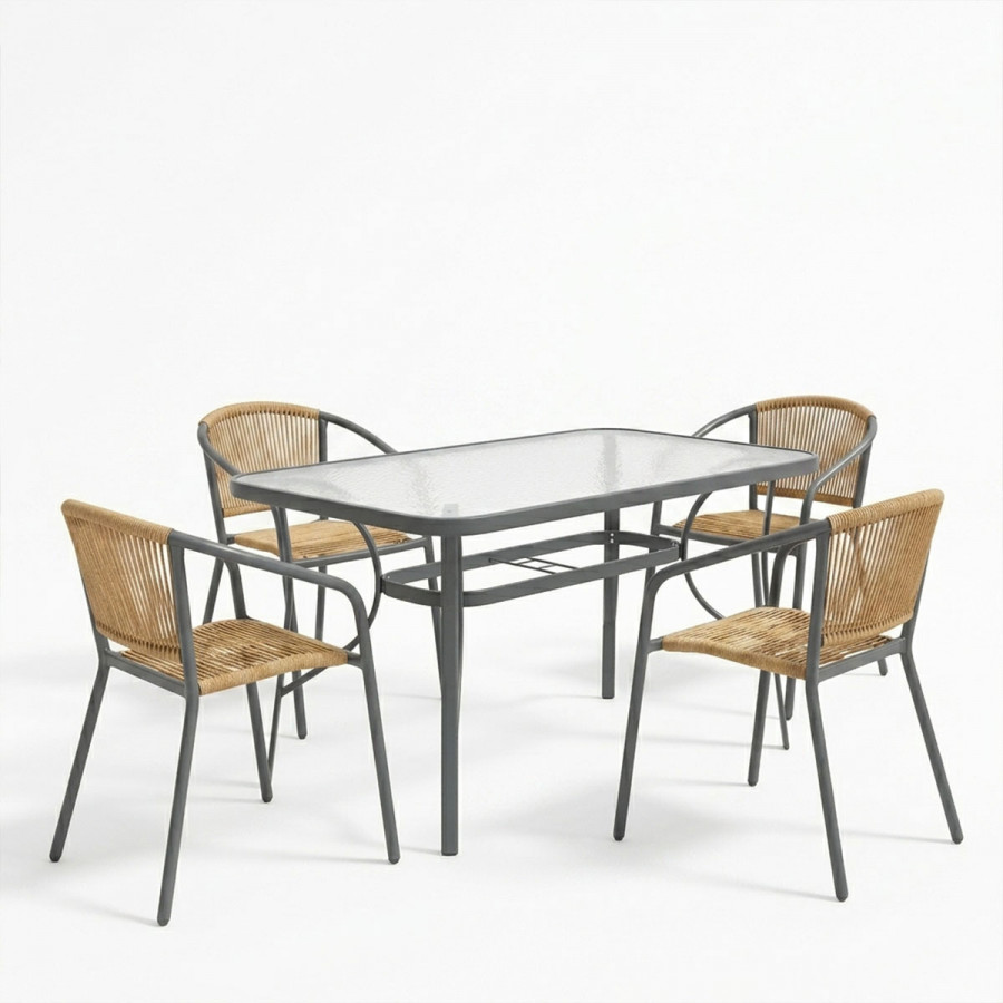 Dining table Ensure-Lindaria pakoworld set of 5 pieces metal in anthracite and pe rattan in natural shade 120x70x70cm