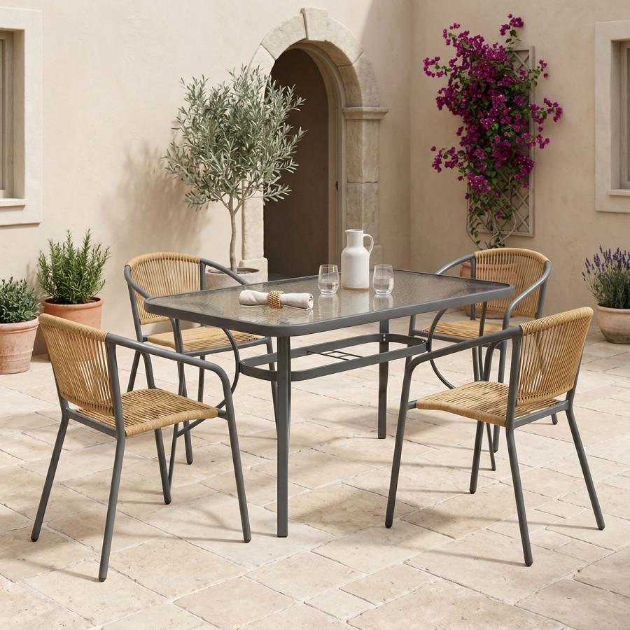 Dining table Ensure-Lindaria pakoworld set of 5 pieces metal in anthracite and pe rattan in natural shade 120x70x70cm