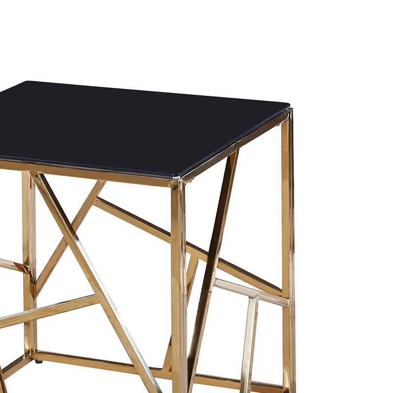 Βοηθητικό τραπέζι σαλονιού Tabar pakoworld ατσάλι χρυσό-γυαλί 8mm μαύρο 55x55x55εκ