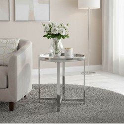 Βοηθητικό τραπέζι σαλονιού Tristan pakoworld μέταλλο ασημί-γυαλί Φ55x55εκ
