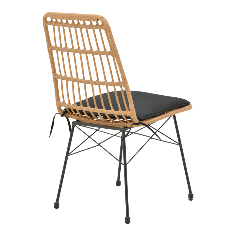 Chair Naoki pakoworld wicker rattan brown-metal black legs-black cushion  45x60x83cm