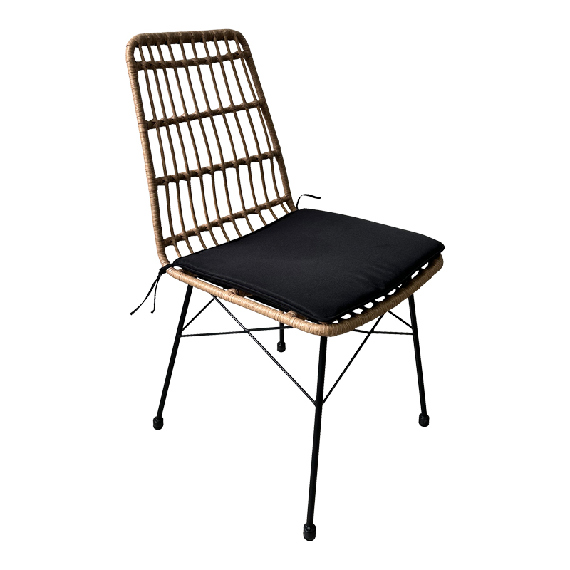 Chair Naoki pakoworld wicker rattan brown-metal black legs-black cushion  45x60x83cm