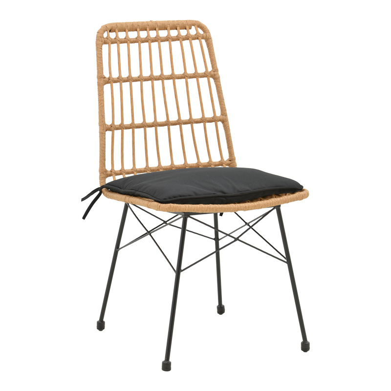 Chair Naoki pakoworld wicker rattan brown-metal black legs-black cushion  45x60x83cm