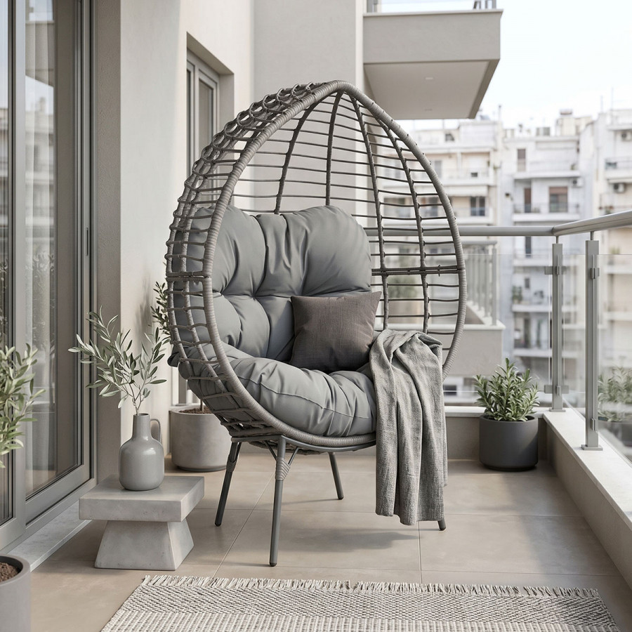 Armchair Nestie pakoworld wicker rattan grey-metal grey legs-grey cushion 102x80x155cm