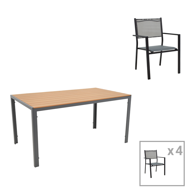 Dining table Nares-Moly A set of 5 pakoworld anthracite-black aluminum and plywood in natural color 140x80x72.5cm Dining table Nares-Moly A set of 5 pakoworld anthracite-black aluminum and plywood in natural color 140x80x72.5cm