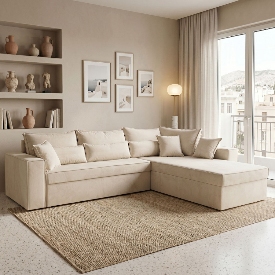 Corner reversible sofa Venzie  pakoworld beige color fabric 283x214x83cm