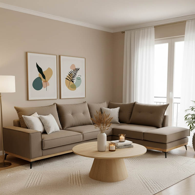 Γωνιακός καναπές αριστερή γωνία Luxury II pakoworld ύφασμα mocha-cream 290x235x95εκ