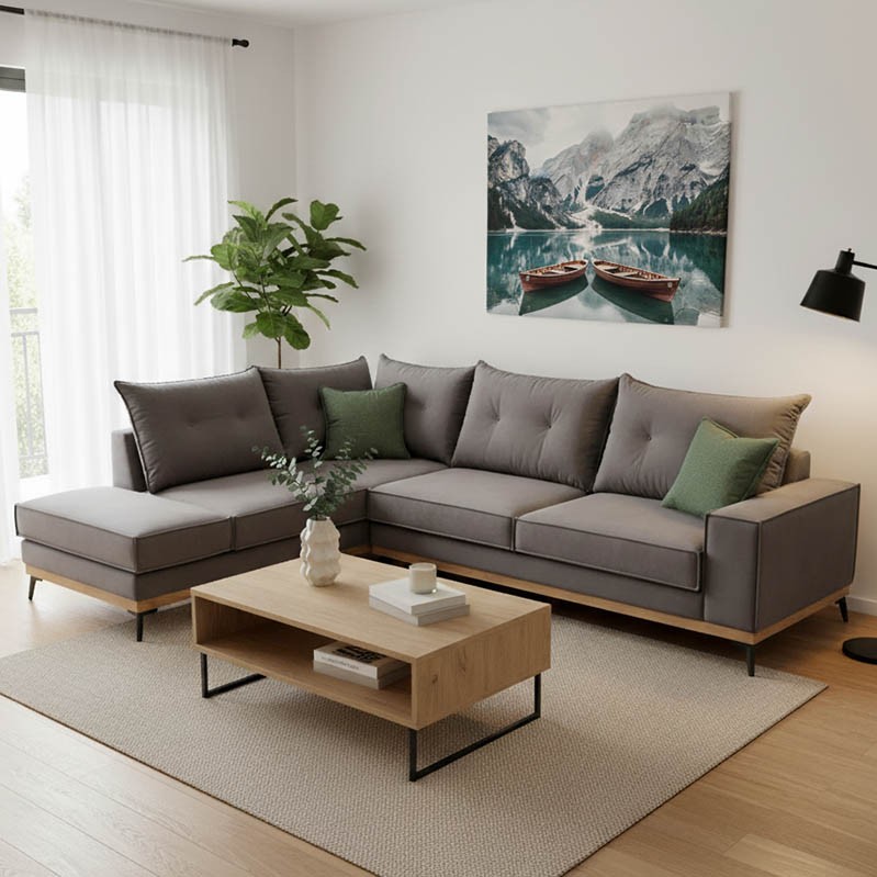 Γωνιακός καναπές δεξιά γωνία Luxury II pakoworld ύφασμα ανθρακί-κυπαρισσί 290x235x95εκ