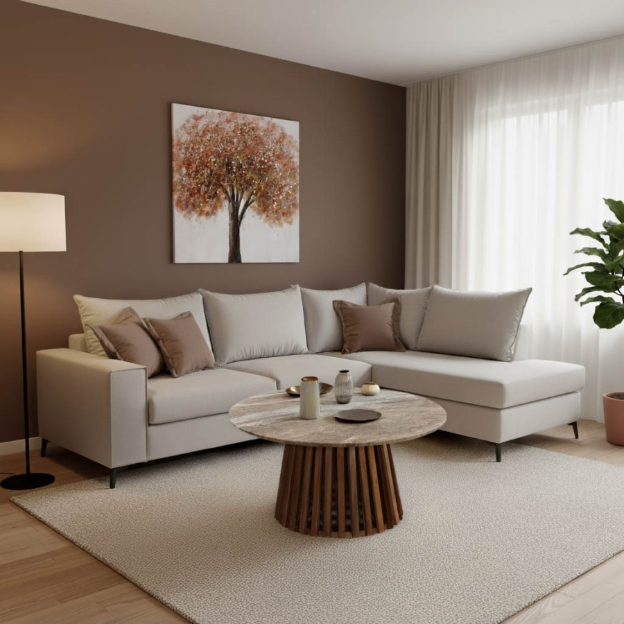 Γωνιακός καναπές αριστερή γωνία Romantic pakoworld ύφασμα cream-mocha 290x235x95εκ