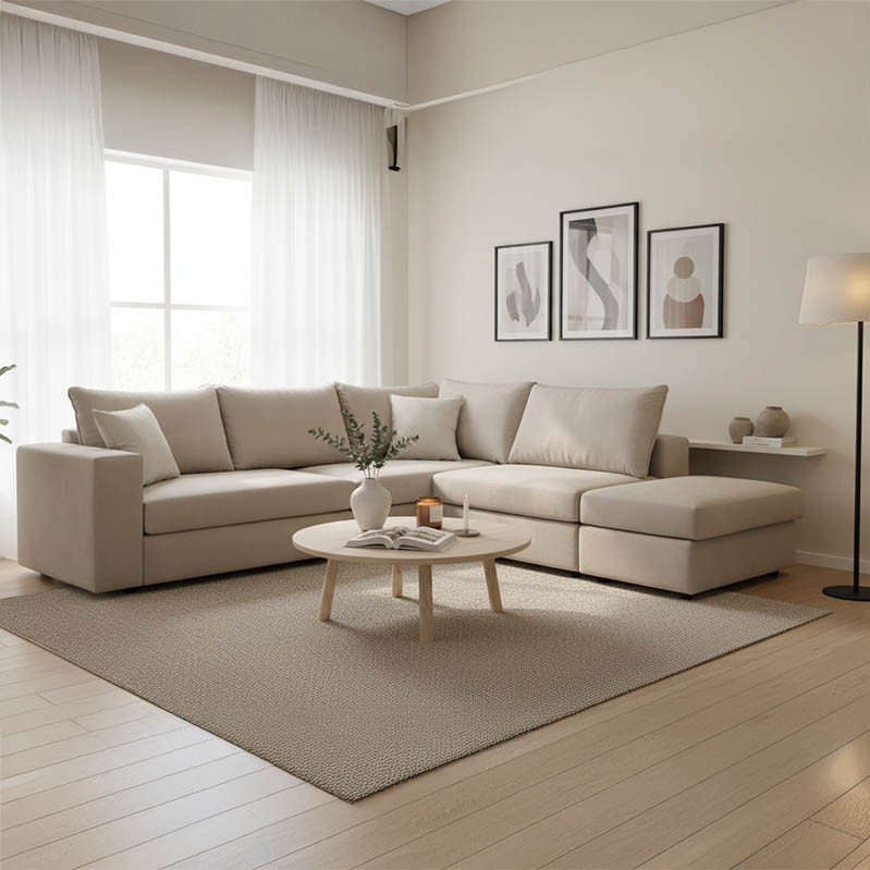 Πολυμορφικός-αναστρέψιμος καναπές London pakoworld γκρι-μπεζ ύφασμα με μαξιλάρια σε απόχρωση ανοιχτό γκρι 296x246x95εκ