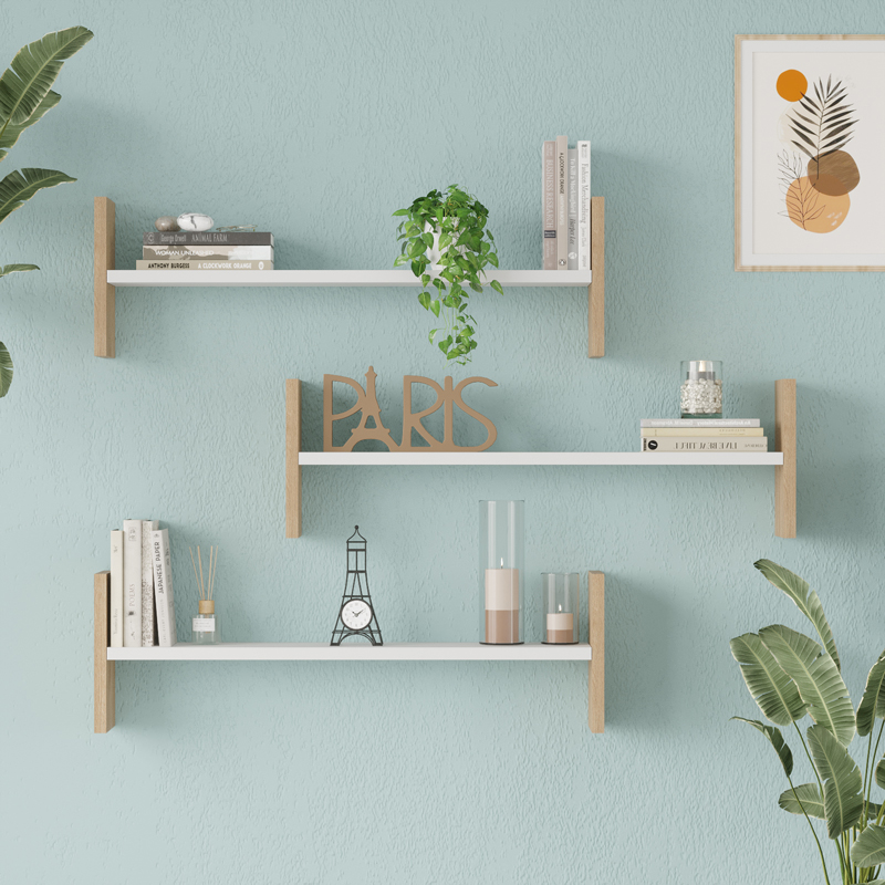 Wall shelf Mento pakoworld white with oak color 75.6x14.5x23.6cm