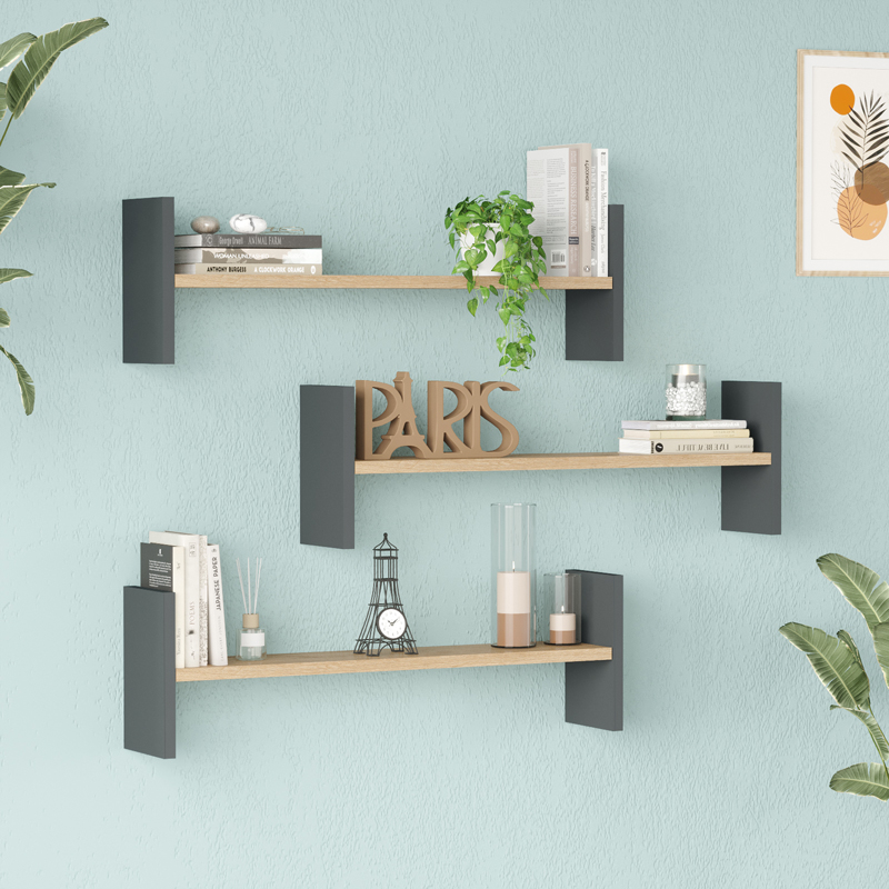 Wall shelf Mento pakoworld oak with anthracite color 75.6x14.5x23.6cm