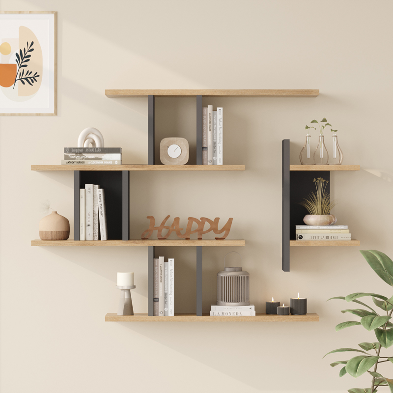 Wall shelf Ledia pakoworld oak with anthracite color 110.6x14.5x78cm
