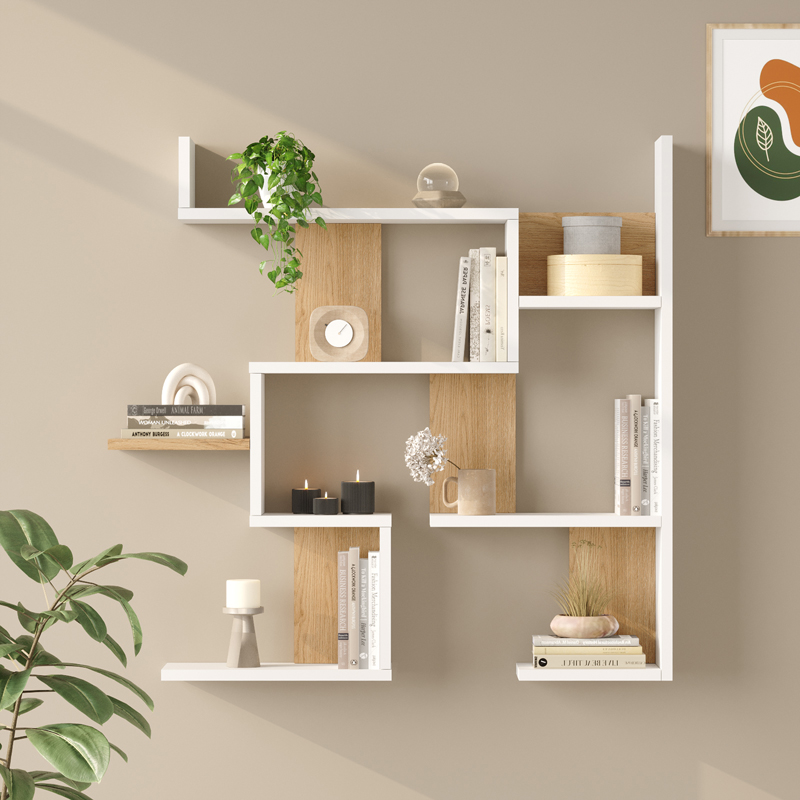 Wall shelf Maze pakoworld white with oak color 93.3x14.5x90cm