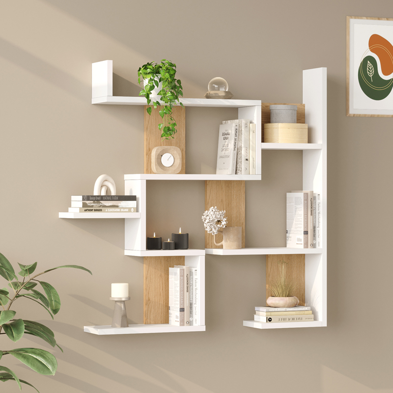 Wall shelf Maze pakoworld white with oak color 93.3x14.5x90cm
