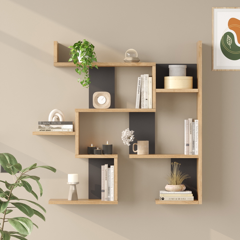 Wall shelf Maze pakoworld oak with anthracite color 93.3x14.5x90cm