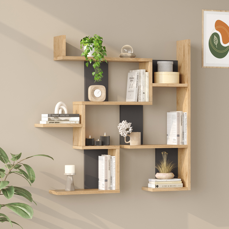 Wall shelf Maze pakoworld oak with anthracite color 93.3x14.5x90cm