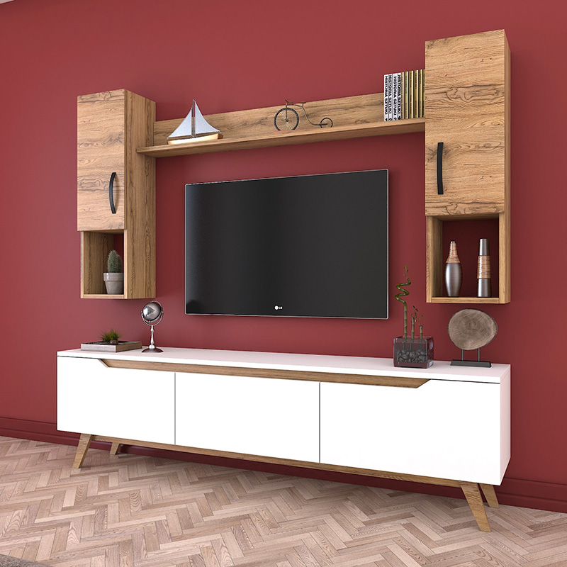 Σύνθετο σαλονιού Kalax pakoworld λευκό-καρυδί 180x35x48,5εκ