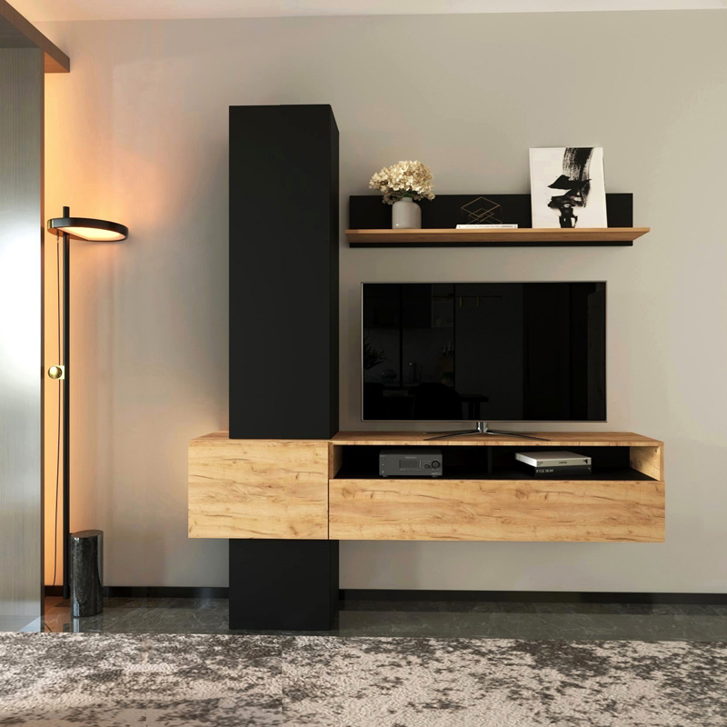 Living room Wendy pakoworld set in oak-black color 195.1x37.3x219.1cm
