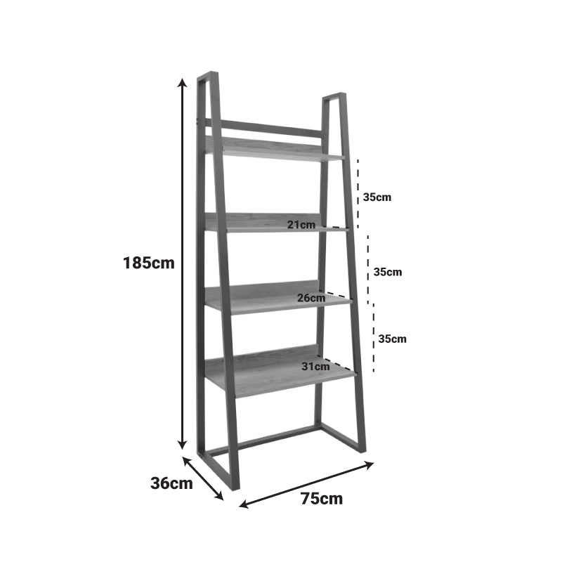 Βιβλιοθήκη Ryder pakoworld σε oak-μαύρη απόχρωση 75x36x185εκ