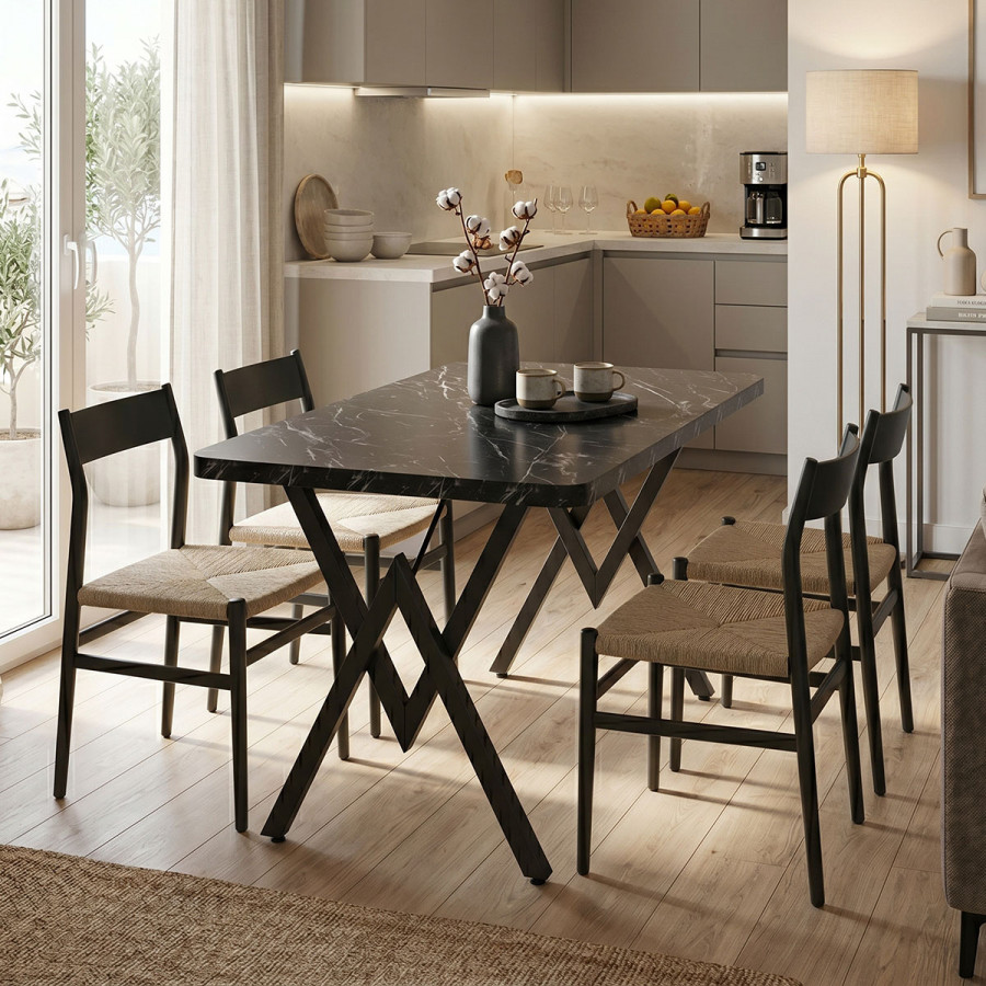 Vertex pakoworld table black marble effect with black metal legs 110x70x72cm