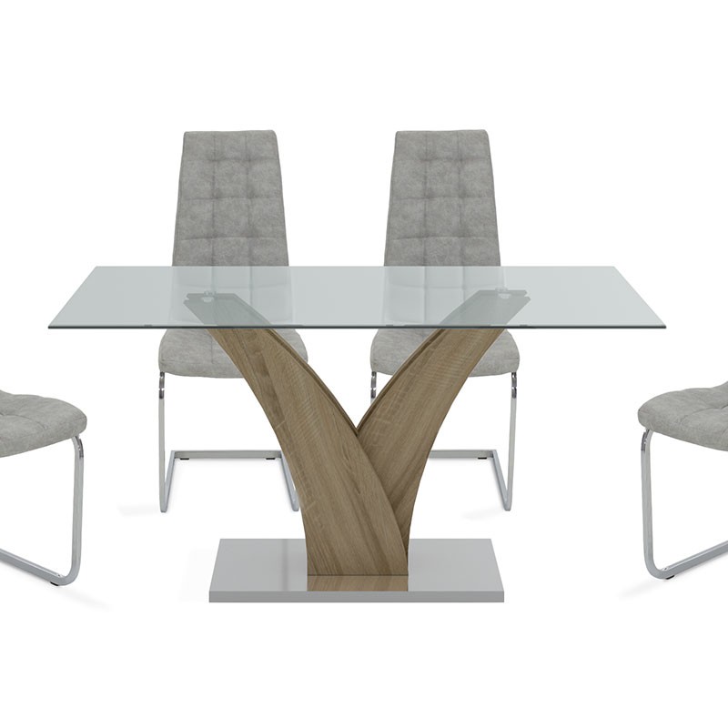 Τραπεζαρία Gull-Darrell pakoworld σετ 5τμχ διάφανο γυαλί sonoma-κάθισμα antique γκρι pu 150x90x76εκ