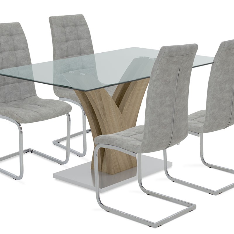 Τραπεζαρία Gull-Darrell pakoworld σετ 5τμχ διάφανο γυαλί sonoma-κάθισμα antique γκρι pu 150x90x76εκ