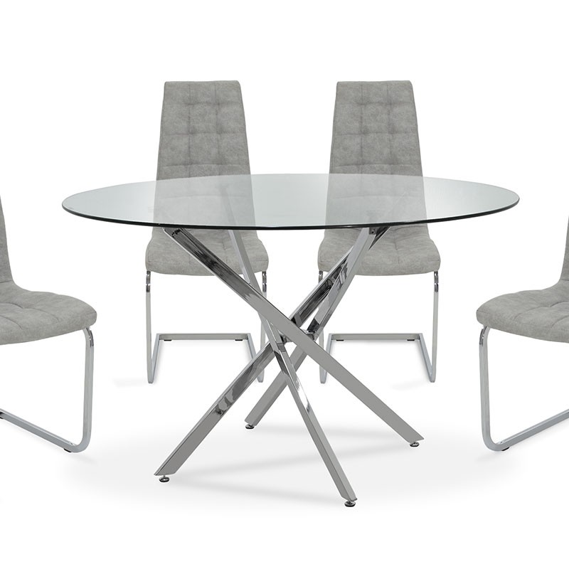 Τραπεζαρία Steve pakoworld σετ 5τμχ διάφανο γυαλί-κάθισμα antique γκρι pu Φ120x74,5εκ