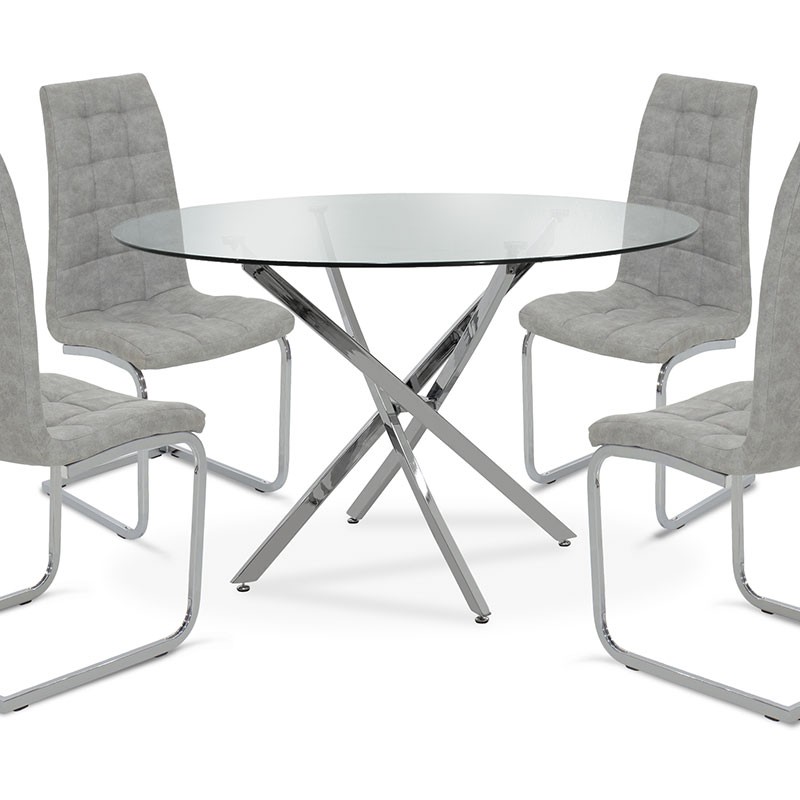 Τραπεζαρία Steve pakoworld σετ 5τμχ διάφανο γυαλί-κάθισμα antique γκρι pu Φ120x74,5εκ