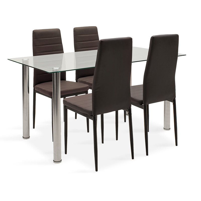 Τραπεζαρία Hazel-Parker pakoworld σετ 5τμχ γυάλινη με καφέ pu 140x80x75εκ