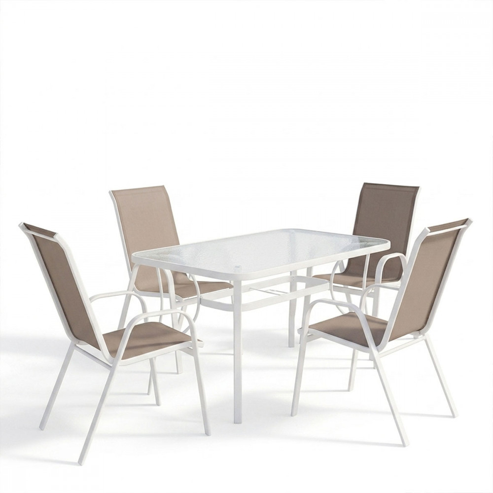 Dining table Ensure-Calan I set of 5 pakoworld metal white-brown textilene 120x70x70cm