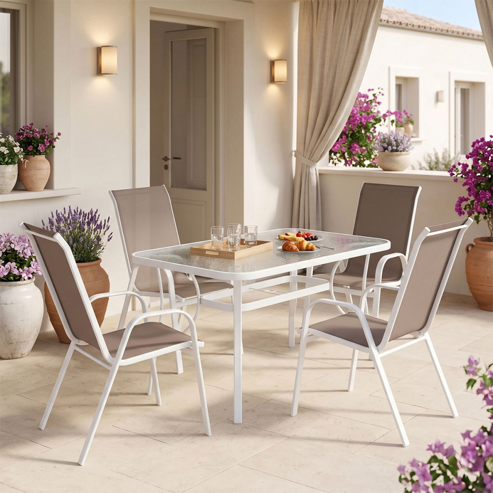 Dining table Ensure-Calan I set of 5 pakoworld metal white-brown textilene 120x70x70cm