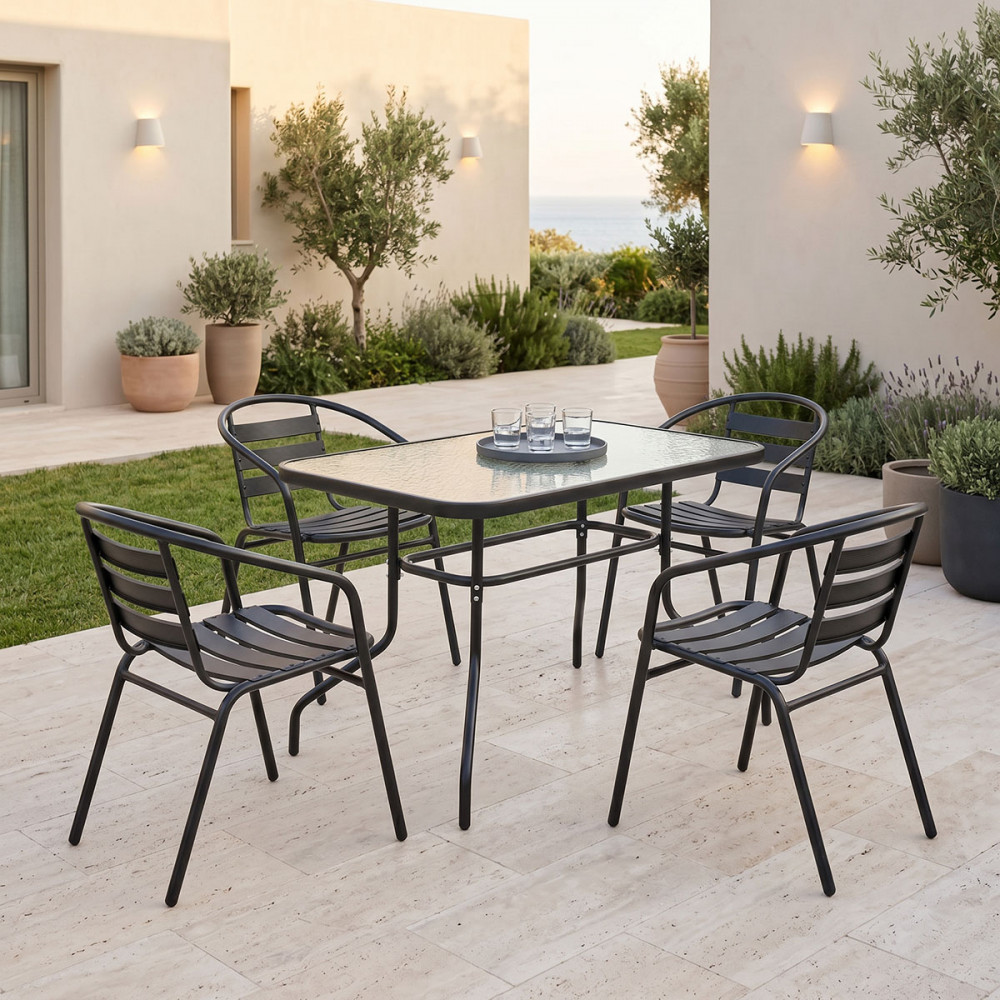 Garden dining table Valor-Tade set of 5 pcs pakoworld metal black-glass 110x60x70cm