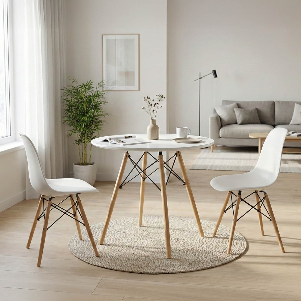 Τραπεζαρία Julita σετ 3τεμ pakoworld MDF και ξύλο οξιάς σε λευκή-φυσική απόχρωση Φ60x73εκ