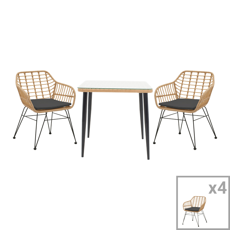 Dining table Naoki I pakoworld set of 5 natural rattan-black metal-glass 80x80x78cm Dining table Naoki I pakoworld set of 5 natural rattan-black metal-glass 80x80x78cm