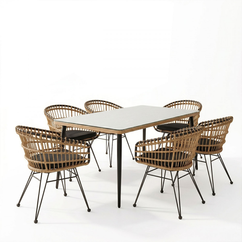 Dining table Naoki C pakoworld set of 7 natural rattan-black metal-glass 160x90x78cm