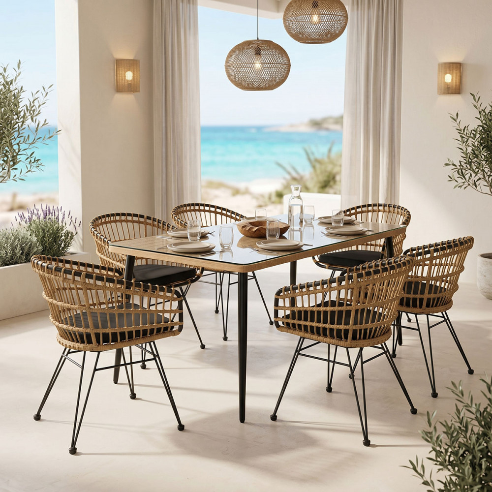 Dining table Naoki C pakoworld set of 7 natural rattan-black metal-glass 160x90x78cm