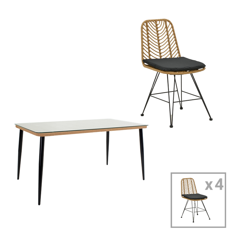 Naoki E pakoworld dining table set of 5 natural rattan-black metal-glass 160x90x78cm Naoki E pakoworld dining table set of 5 natural rattan-black metal-glass 160x90x78cm