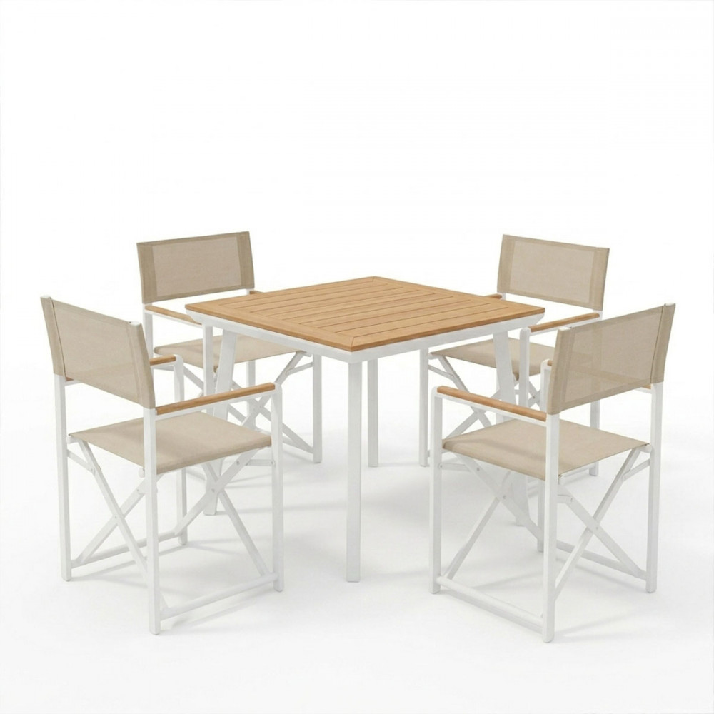 Mabu-Synergy dining table set of 5 pakoworld white aluminum and plywood in natural color 80x80x74cm