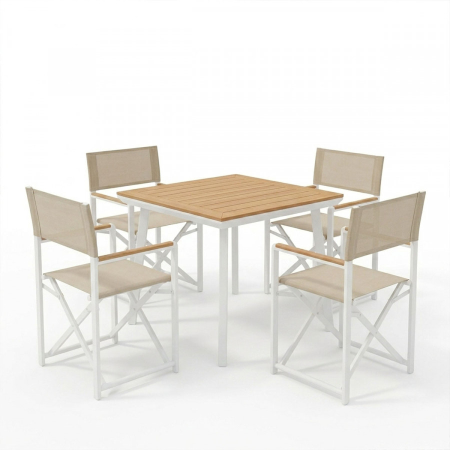 Mabu-Synergy dining table set of 5 pakoworld white aluminum and plywood in natural color 80x80x74cm